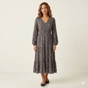 Faherty Isabella Midi Dress Navy Artisan Floral Print Pockets Size XS